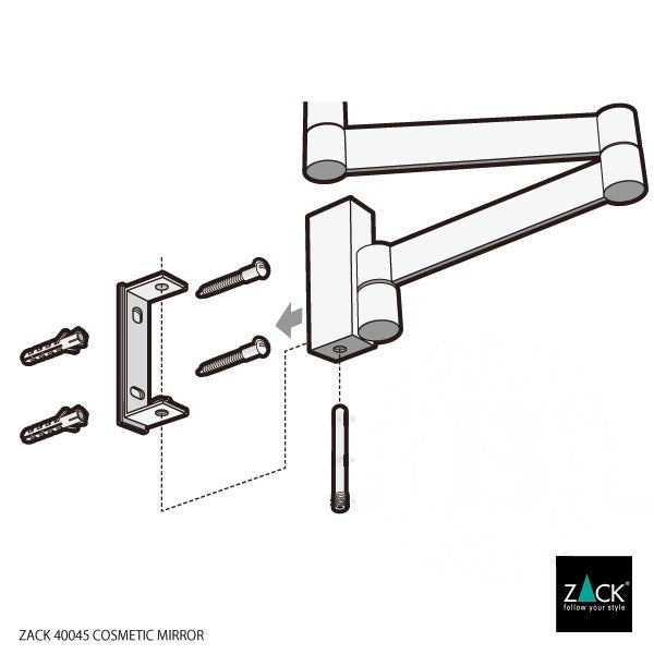 ZACK 40045:壁付けミラー:壁用プラグ・ねじ・壁金具とアームの接続位置を示した図