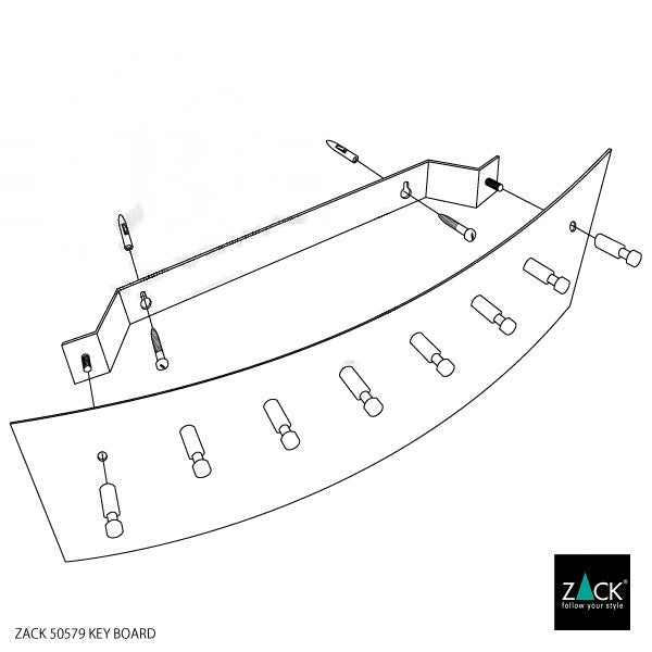ZACK 50579:キーラック:背面の取付金具と固定ねじの位置を示した分解図
