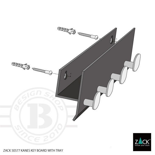 ZACK 50577:黒いトレイ付きキーラック:背面の取付穴とねじ、壁用プラグの位置を示した分解図