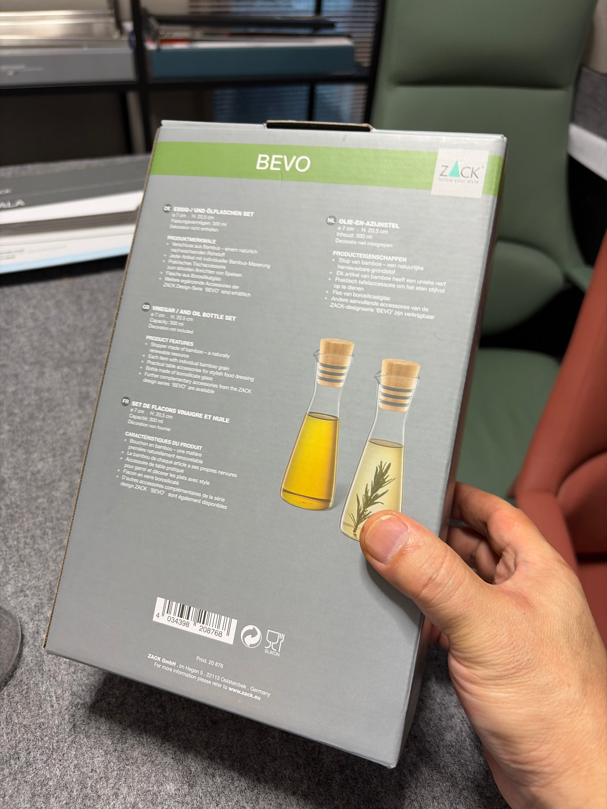 ZACK 20876Y:BEVOのボトル:製品の説明とボトルの使用写真を印刷した箱の裏面