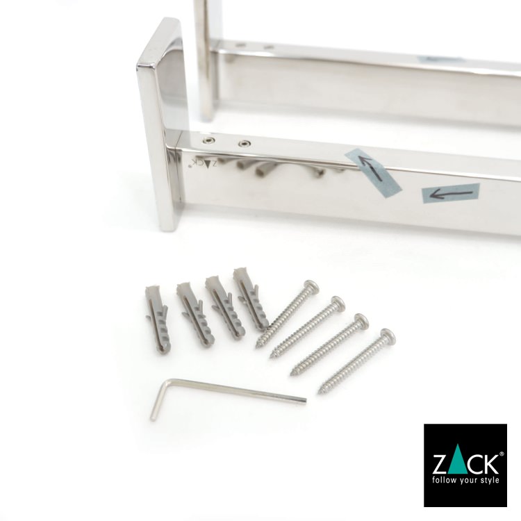 ZACK 40002D バスルームシェルフ:本体と壁取付金具、ねじ類を並べた状態