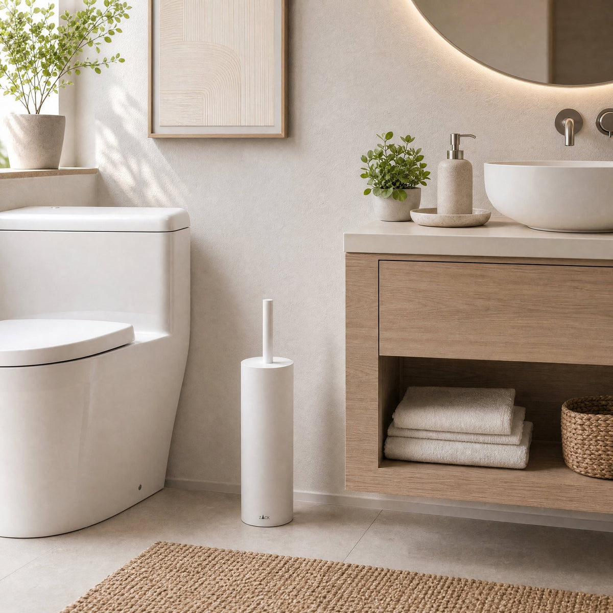 ZACK 40118 トイレブラシ:木のカウンターがある洗面台の横に白い本体を置いた設置例