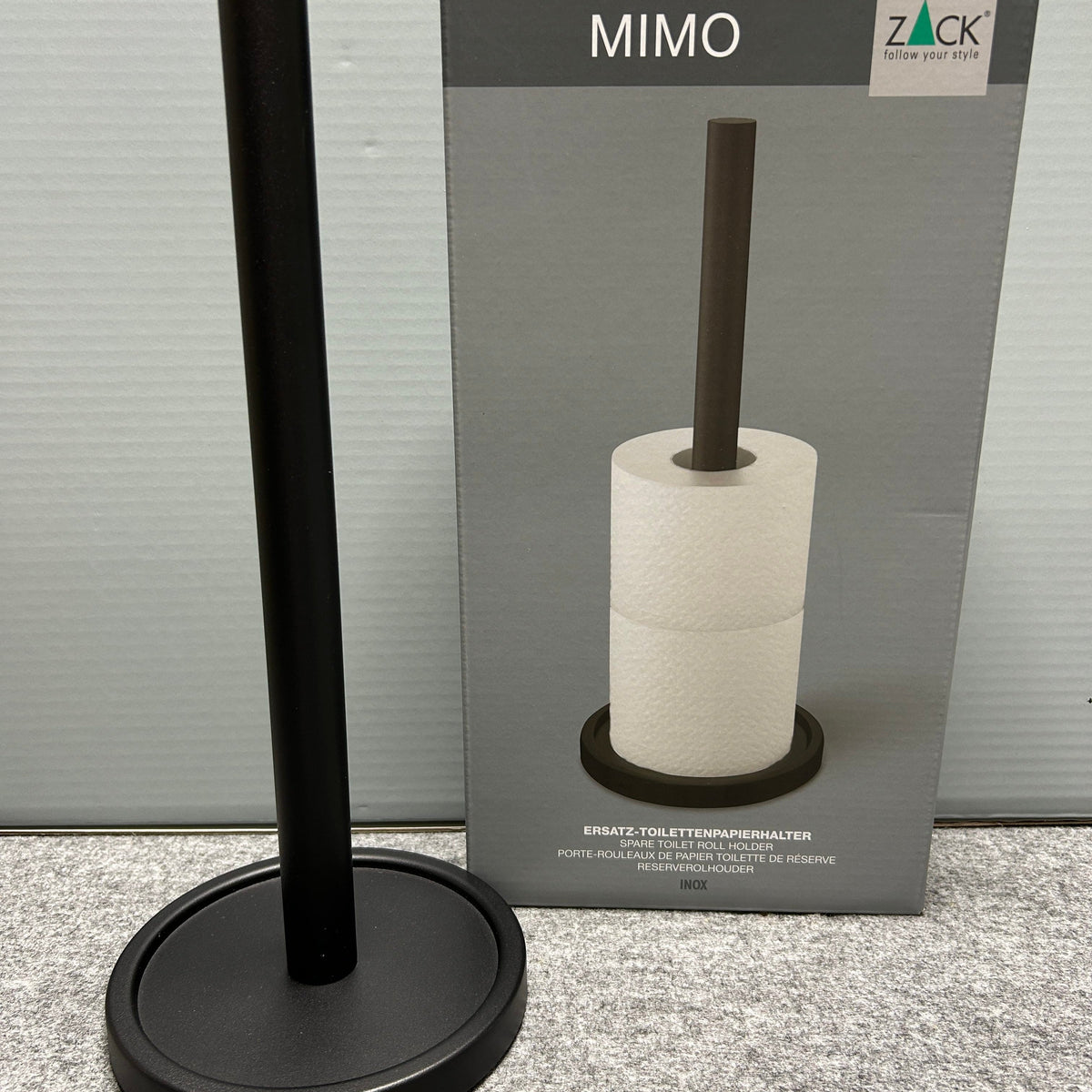 ZACK 40286Y スペアトイレットペーパーホルダー:パッケージと本体の支柱下部・台座