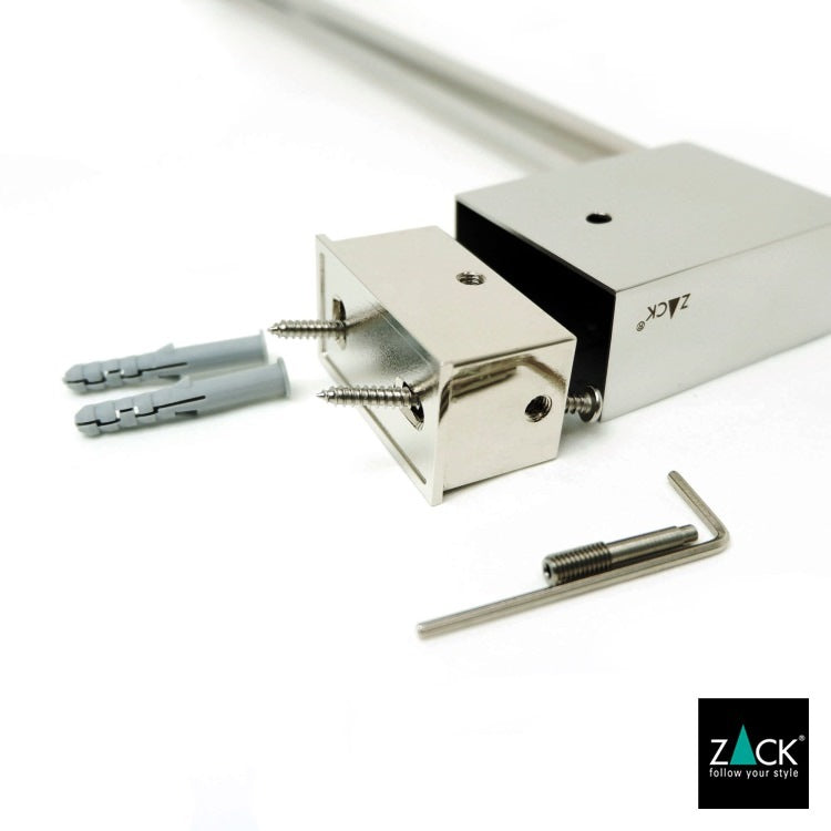 ZACK 40459B タオルバー:本体と壁取付金具、ねじ類を並べた状態
