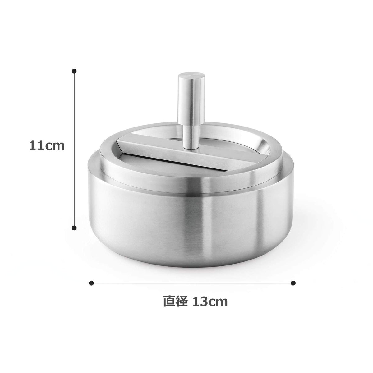 ZACK 50163 CONTAS ステンレス製回転式灰皿:高さ11cm・直径13cmを示す寸法図