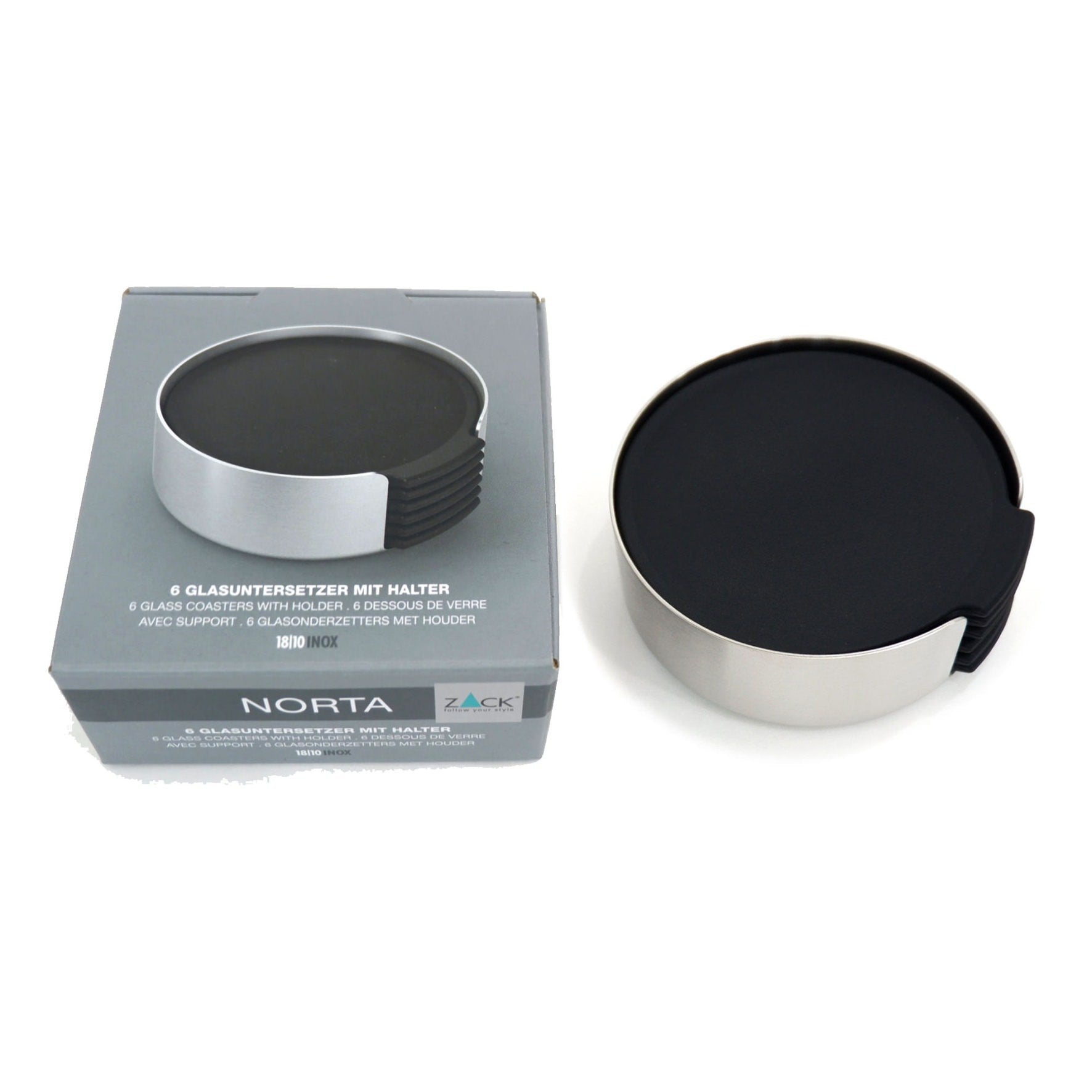 コースターとホルダー｜20372 NORTA HL スタンド付きコースター6枚セット 直径9.3cm 高さ3.5cm 18/10ステンレス製 ヘアライン仕上げ