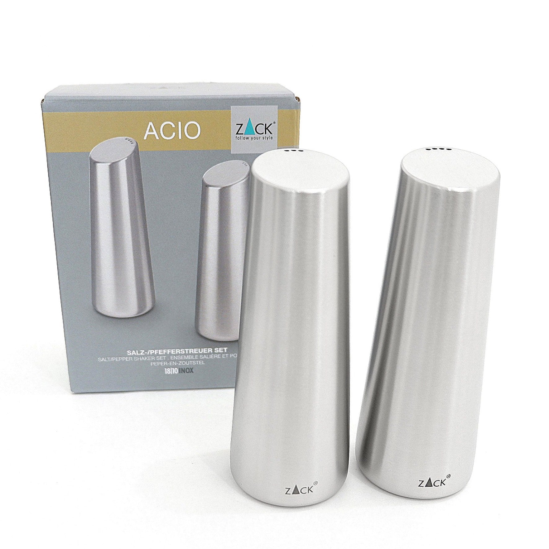 ソルト＆ペッパーセット｜20527 ACIO HL 塩コショウ容器 高さ11.9cm 直径4.5cm 18/10ステンレス製 ヘアライン仕上げ SP50