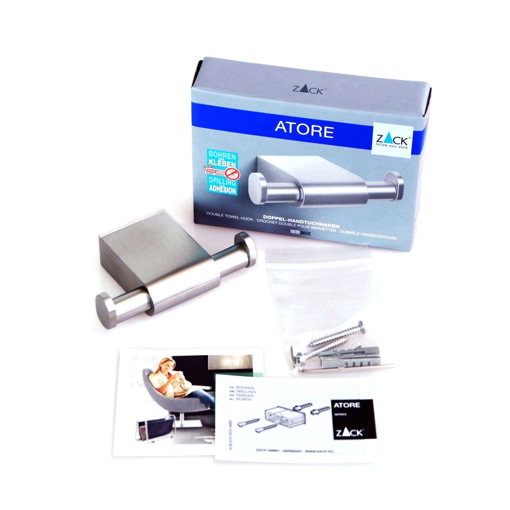 タオル掛け｜40420 ATORE HL ダブルタオルフック ループタオル タオルホルダー 壁設置 幅12cm 高さ2.6cm 奥行き9cm 18/10ステンレス製 ヘアライン仕上げ H1