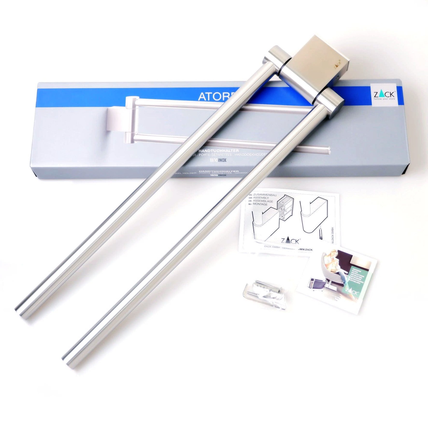 タオル掛け｜40424 ATORE HL ダブルタオルホルダー タオルレール タオルハンガー可動 壁設置 幅2.8cm 高さ10.4cm 長さ46cm 18/10ステンレス製 ヘアライン仕上げ