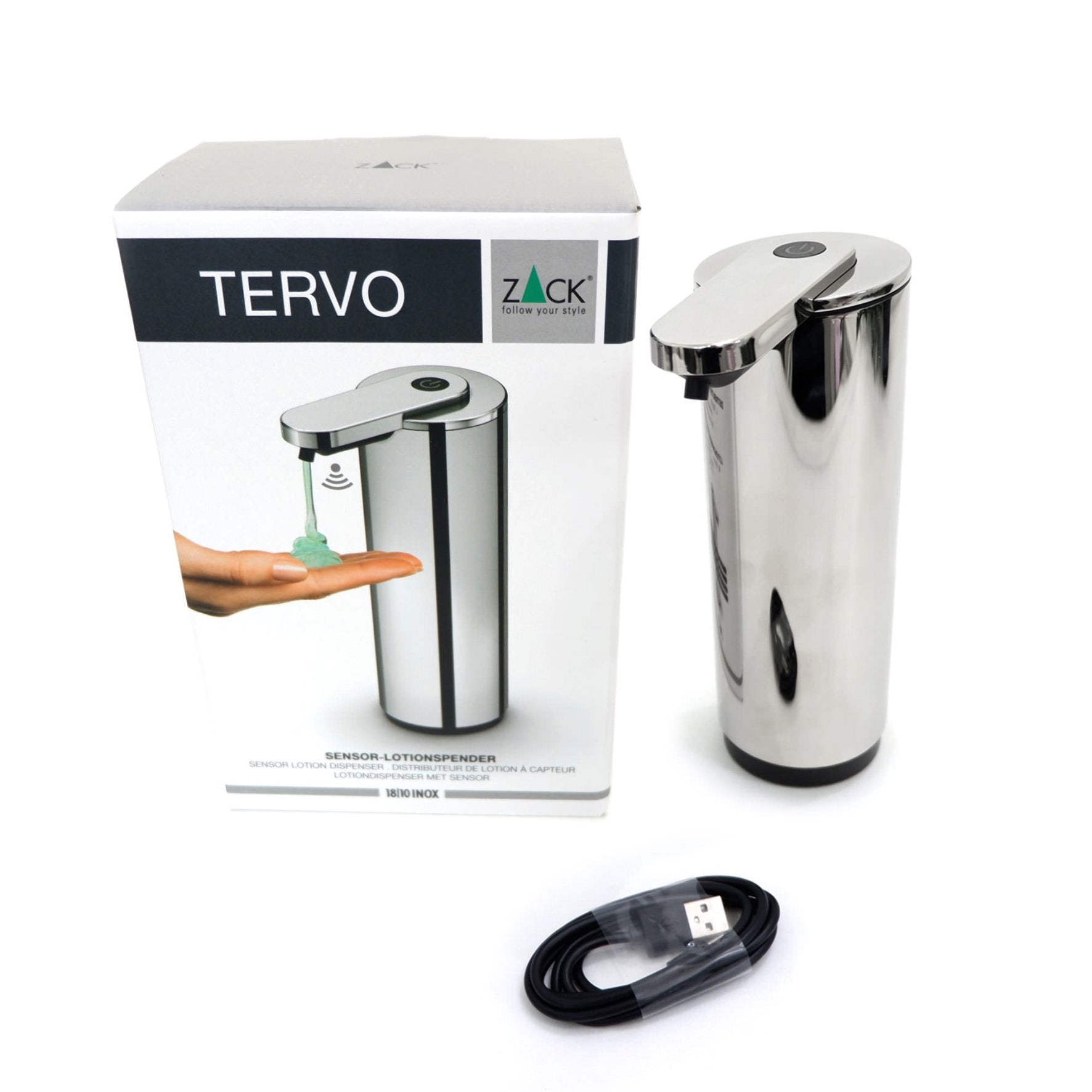 センサーリキッドディスペンサー｜40543 TERVO MP 液体ソープディスペンサー 充電式 置き型 高さ18.8cm 直径6.3cm 容量200ml 18/10ステンレス製 ミラーポリッシュ仕上げ