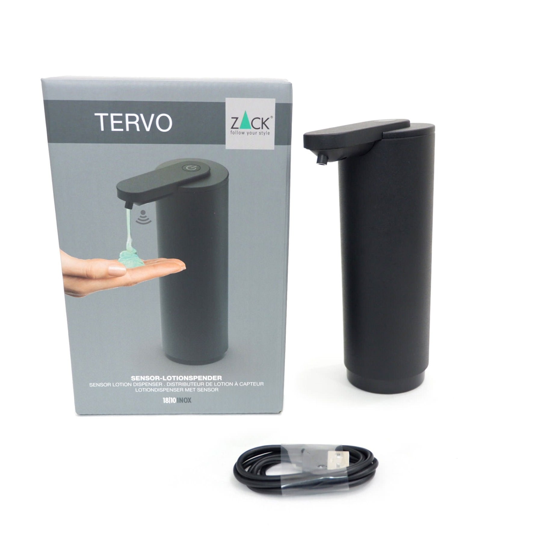 センサーリキッドディスペンサー｜40544 TERVO MB 液体ソープディスペンサー 充電式 置き型 高さ18.8cm 直径6.3cm 容量200ml 18/10ステンレス製 マットブラック