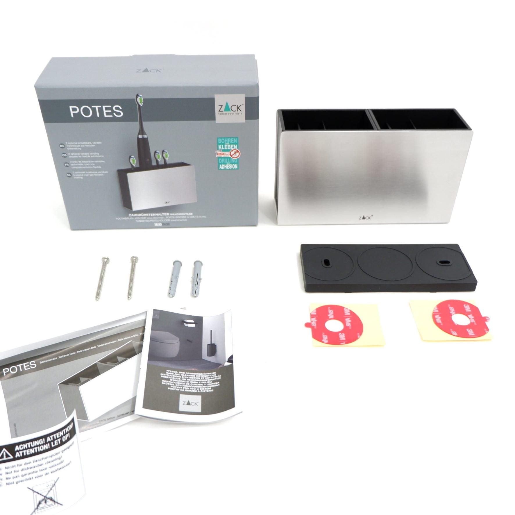 歯ブラシホルダー｜40605 POTES HL 歯ブラシ 洗えるホルダー 衛生的 洗面収納 壁設置タイプ 高さ9.5cm 幅16.5cm 奥行き5cm 18/10ステンレス製 ヘアライン仕上げ