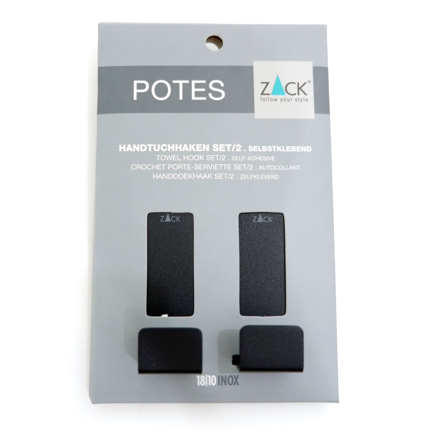 タオル掛け｜40609 POTES MB タオルフックS 2個入 ループタオルフック 接着シールタイプ 高さ5.5cm 幅2cm 18/10ステンレス製 マットブラック SP50