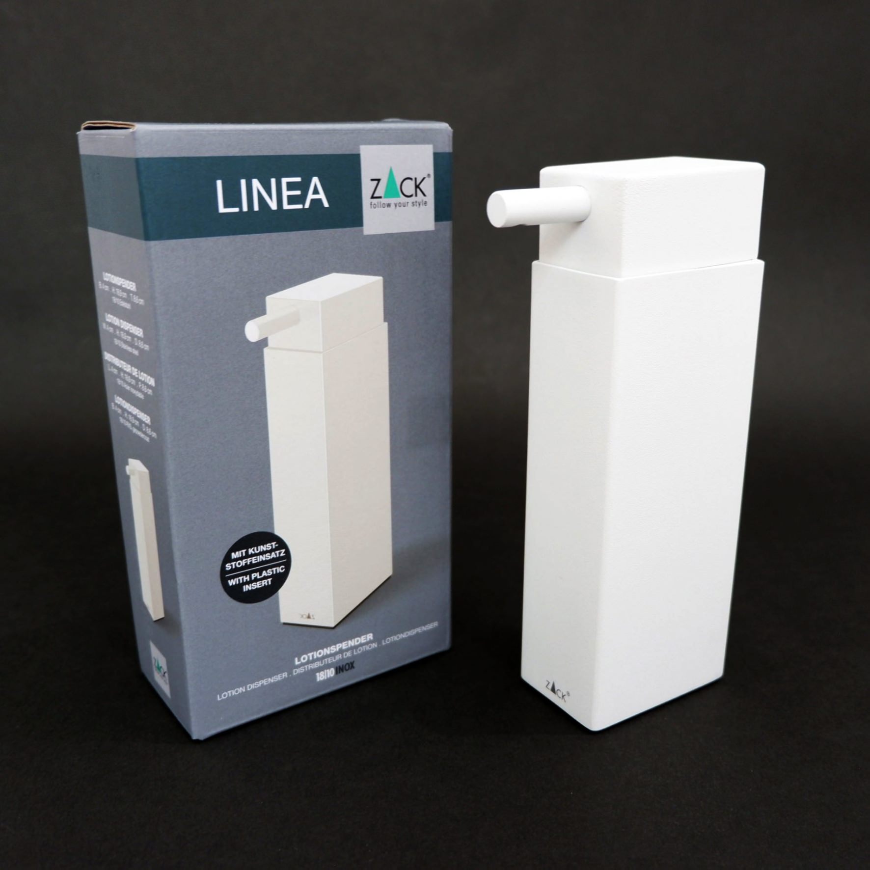 ソープディスペンサー｜40841 LINEA MW 液体用ソープ リキッドソープ 置き型タイプ 高さ16.7cm 幅4cm 奥行き8.6cm 190ml 18/10ステンレス製 マットホワイト SP50