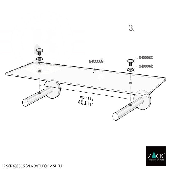 バスルームシェルフ｜ZACK 40006 SCALA MP ガラスのシェルフ バスルームラック 洗面収納 壁設置 幅50cm 高さ6cm 奥行き12cm 備品置き 18/10ステンレス製 ミラーポリッシュ仕上げ 18