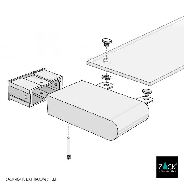 バスルームシェルフ｜ZACK 40418 ATORE HL ガラスのシェルフ シャワーラック バスルームラック バス収納備品置き 洗面収納 壁設置タイプ 幅65.2cm 高さ2.8cm 奥行き12cm 18/10ステンレス製 ヘアライン仕上げ SP50 15