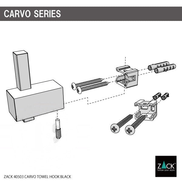 タオル掛け｜ZACK 40503 CARVO MB タオルフック シングルタオルフック シングルフック 1枚掛け 壁設置タイプ 高さ6.5cm 奥行き4.5cm 幅2.3cm 18/10ステンレス製 マットブラック 20