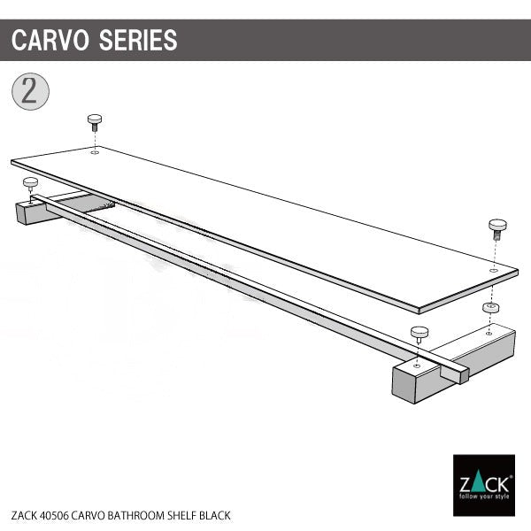 バスルームシェルフ｜ZACK 40506 CARVO MB ガラスのシェルフ シャワーラック バスルームラック バス収納備品置き 洗面収納 壁設置タイプ 幅65.8cm 高さ3.6cm 奥行き12cm 18/10ステンレス製 マットブラック SP50 19
