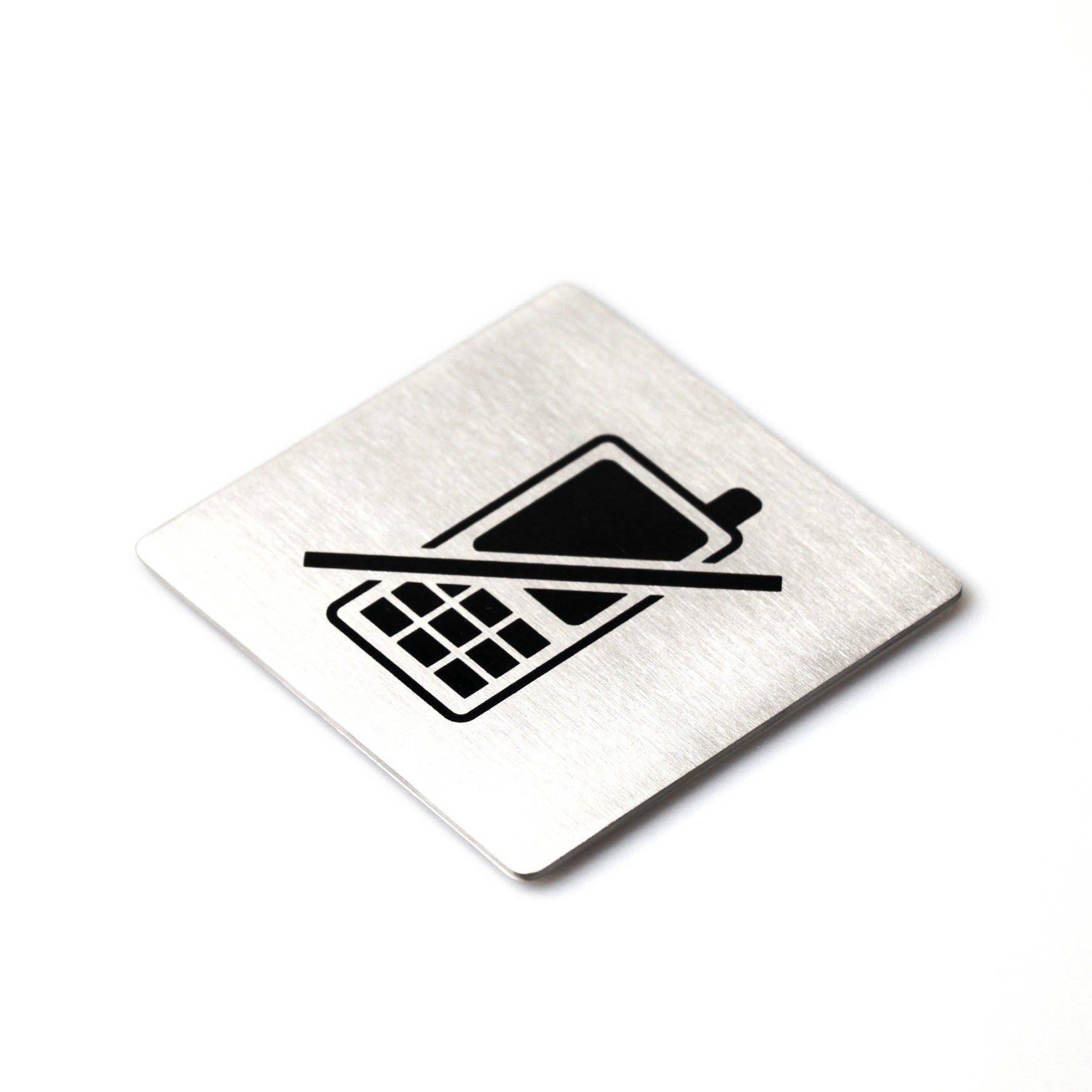 ピクトグラム｜50717 INDICI HL ドアプレート サインステッカー ドアシンボル 携帯禁止 シール接着 縦8cm 横8cm 18/10ステンレス製 ヘアライン仕上げ