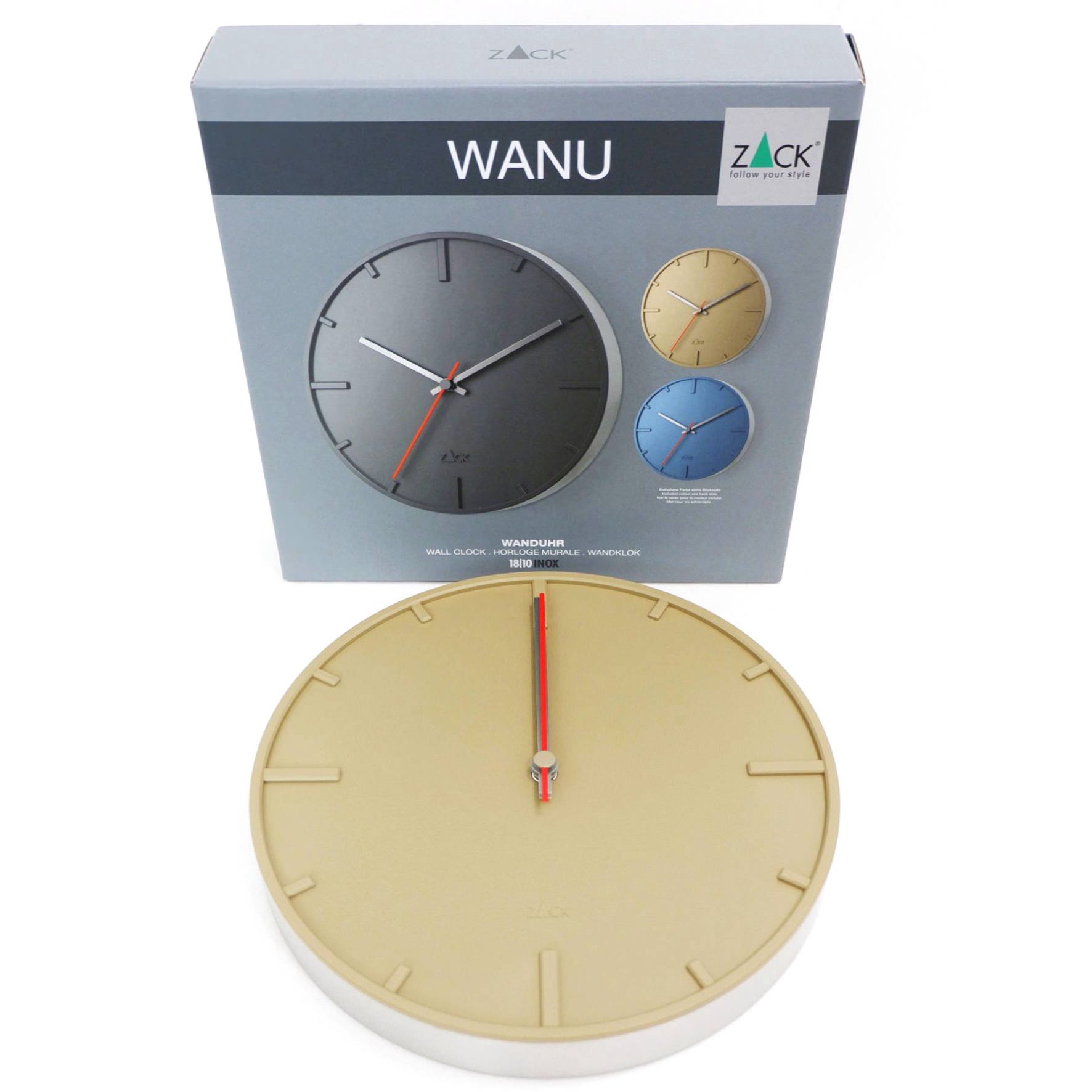 ウォールクロック ベージュ｜60016 WANU HL 壁掛け時計 ステップ式 直径27cm 厚み3.5cm 18/10ステンレス製 ヘアライン仕上げ