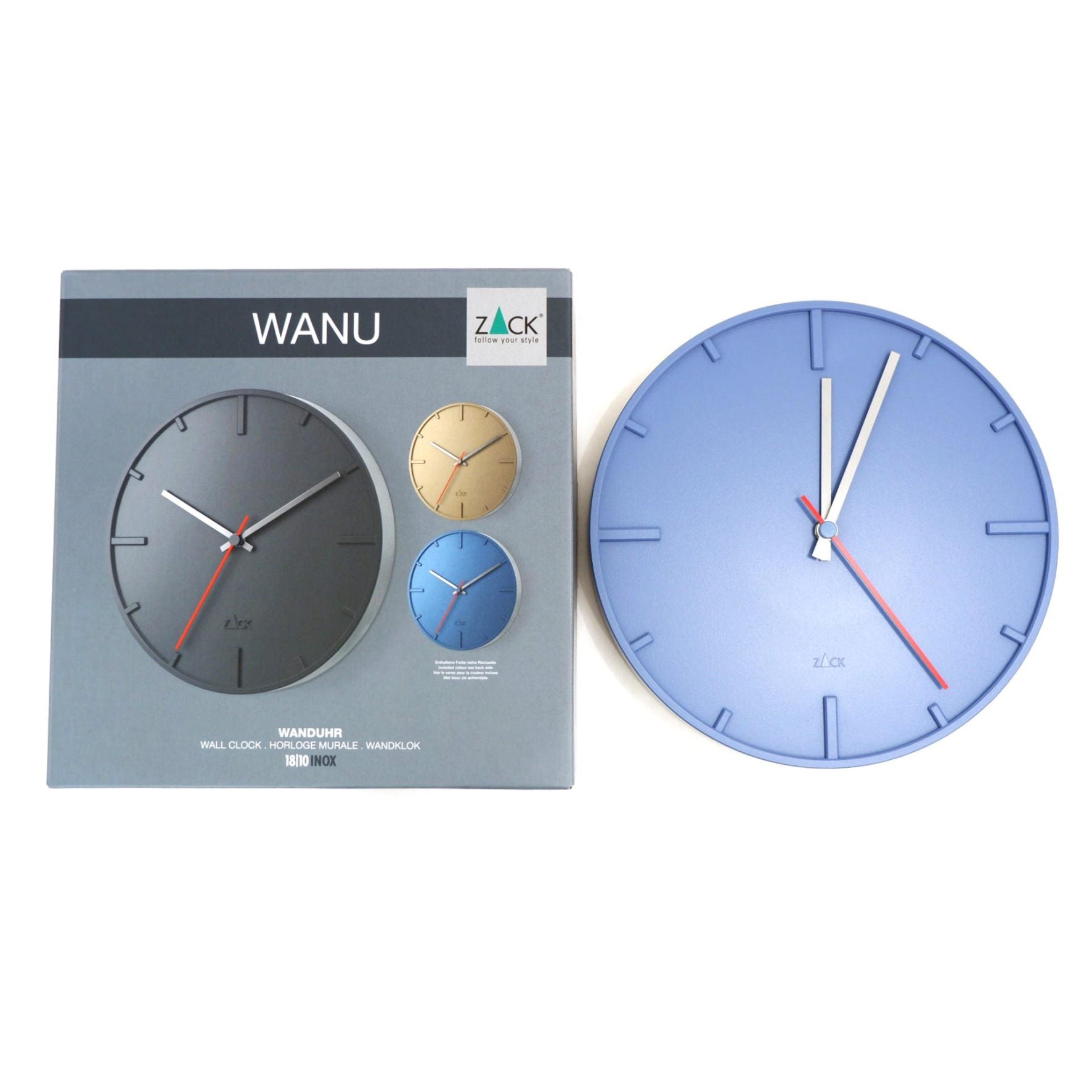 ウォールクロック ブルー｜60017 WANU HL 壁掛け時計 ステップ式 直径27cm 厚み3.5cm 18/10ステンレス製 ヘアライン仕上げ SP50