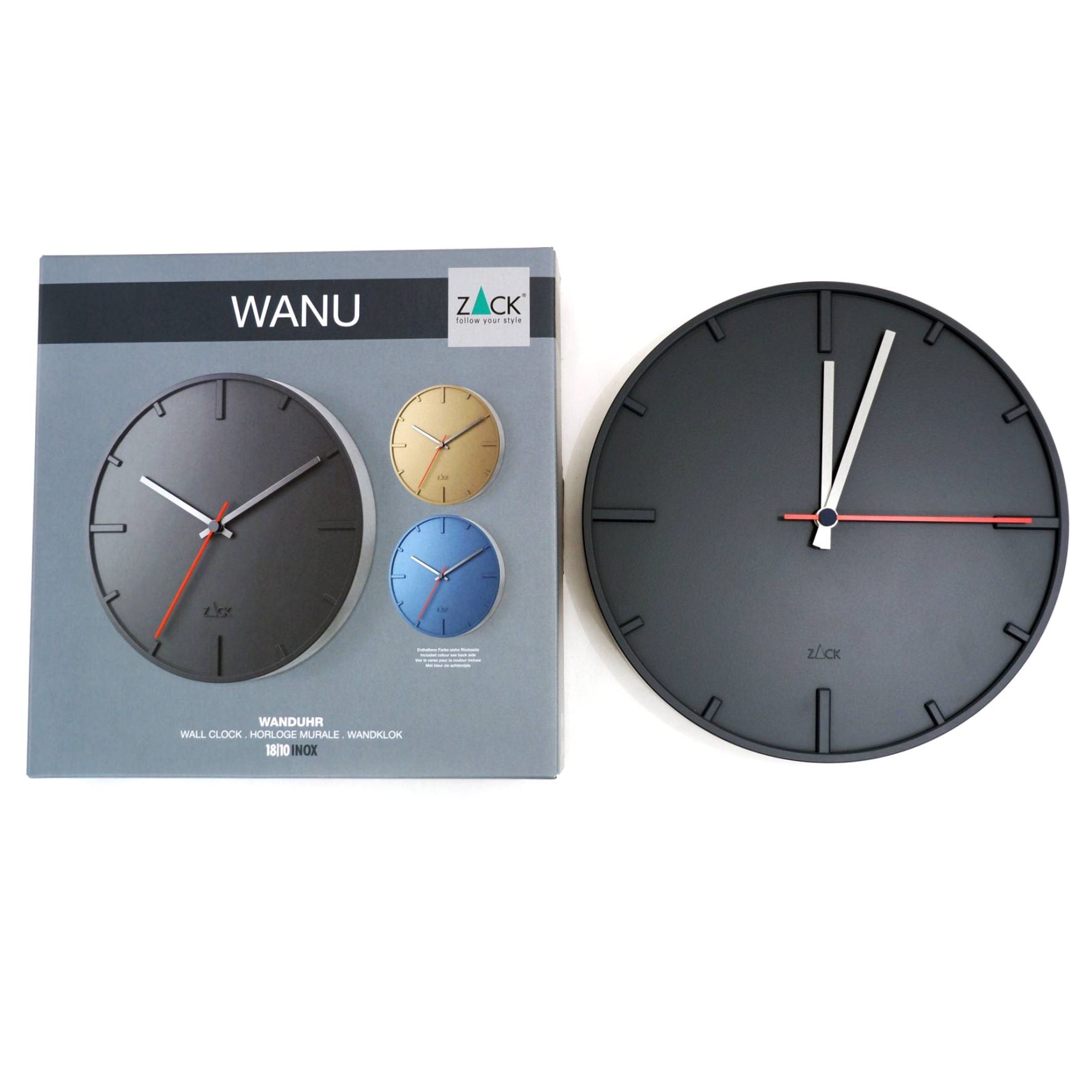 ウォールクロック ブラック｜60018 WANU HL 壁掛け時計 ステップ式 直径27cm 厚み3.5cm 18/10ステンレス製 ヘアライン仕上げ