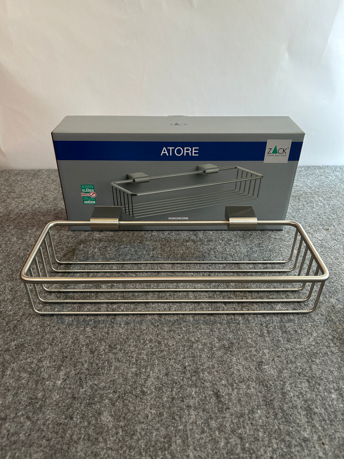 ZACK 40426Y：ATOREのシャワーバスケット：箱の前に置いたバスケット本体の枠と底面が見える全体像