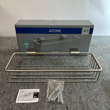 ZACK 40426Y：ATOREのシャワーバスケット：箱の前にバスケット、取付部品、ねじ、説明書を並べた写真