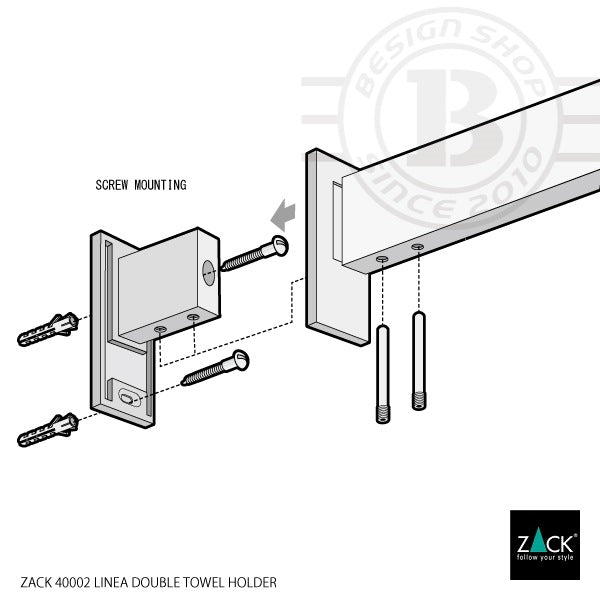 ZACK 40002D バスルームシェルフ：壁取付金具とねじを使った固定方法の説明図