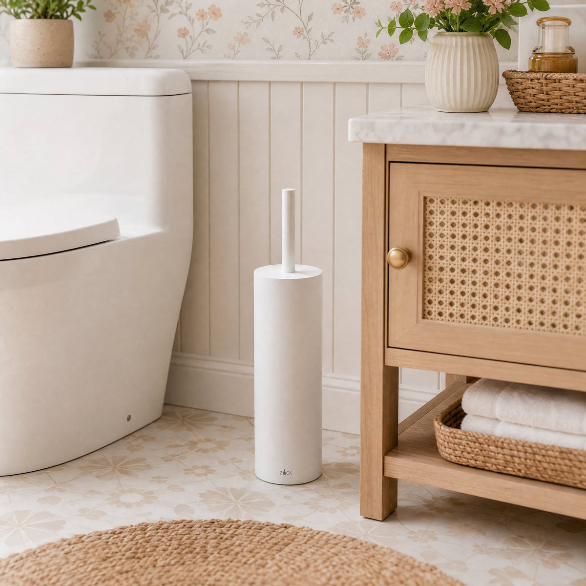 ZACK 40118 トイレブラシ：籐調の収納扉の横に白い本体を置いた設置例