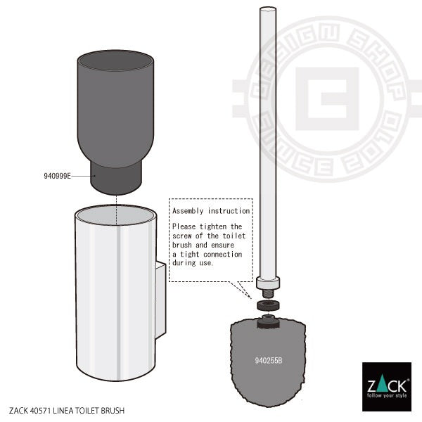 ZACK 40571B トイレブラシ：ブラシヘッドと内側容器を取り外す手順の説明図